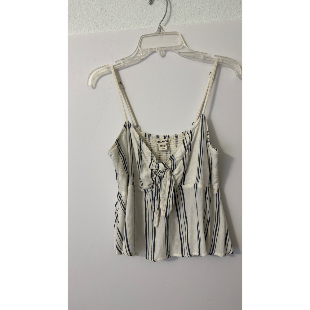 Billabong Striped Camisole Women M White Navy Tie Front Smocked Coastal Peplum‎